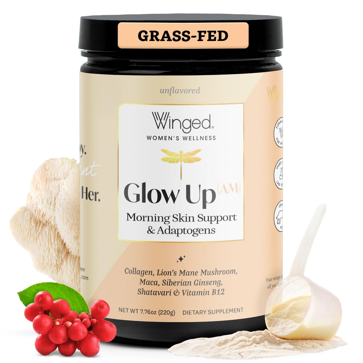 Poudre de collagène Glow Up AM de Winged Wellness, vue de face, emballage blanc
