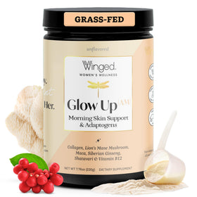 Poudre de collagène Glow Up AM de Winged Wellness, vue de face, emballage blanc