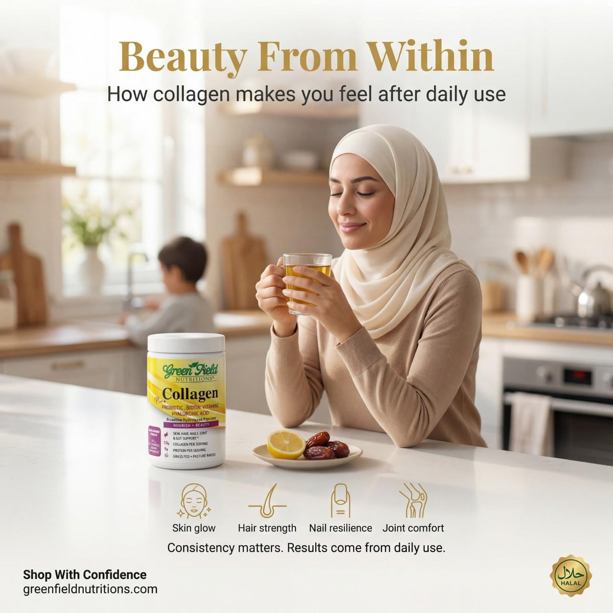 Poudre de collagène halal GREEN FIELD NUTRITIONS sur table avec ingrédients