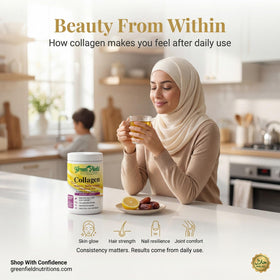 Poudre de collagène halal GREEN FIELD NUTRITIONS sur table avec ingrédients