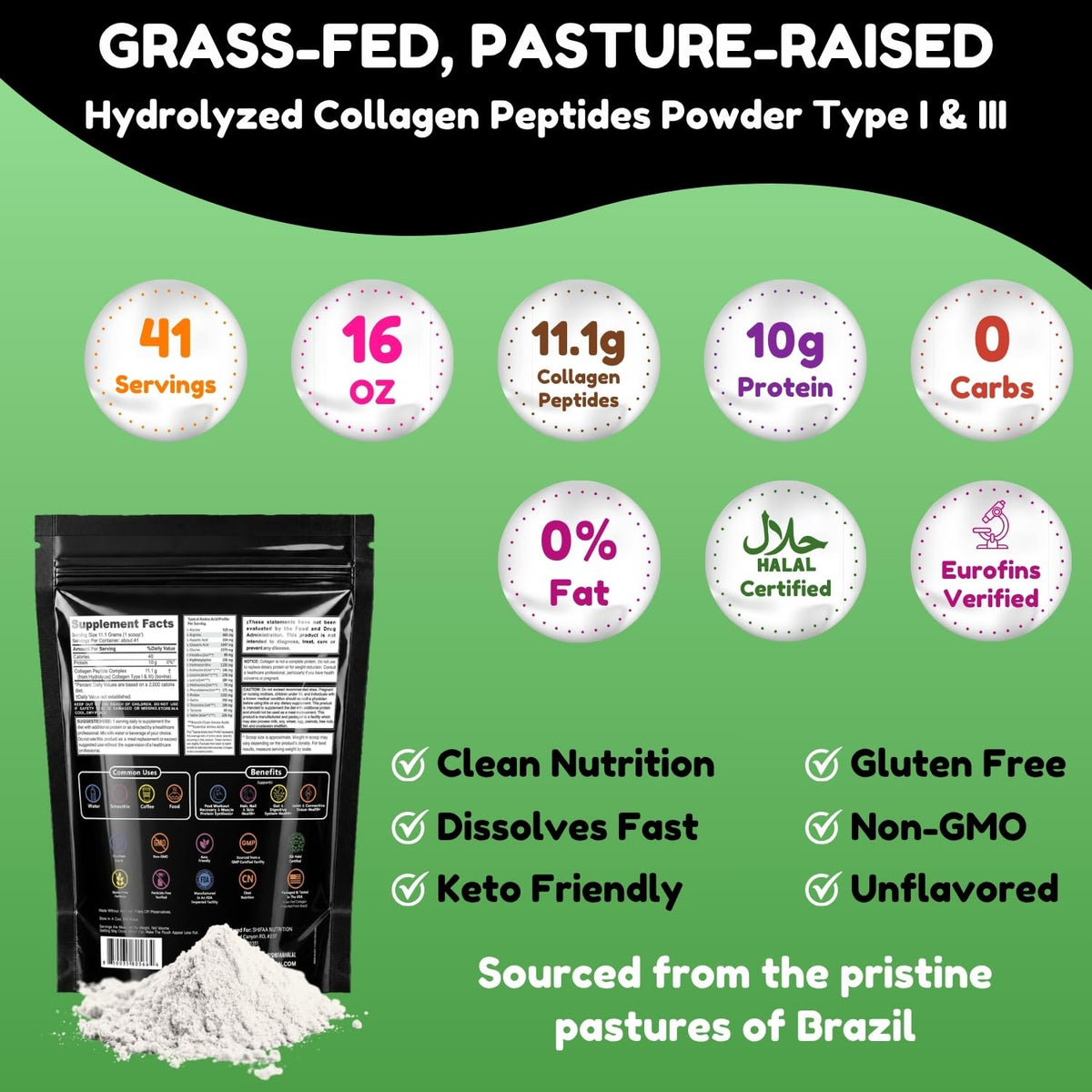 Poudre de collagène halal SHIFAA NUTRITION 481g versée dans un verre