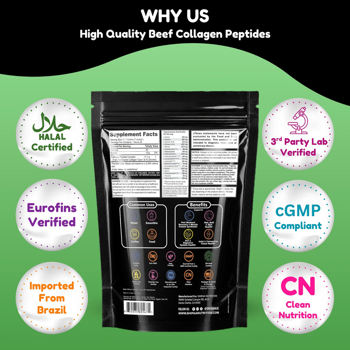 Poudre de collagène halal SHIFAA NUTRITION sur fond neutre