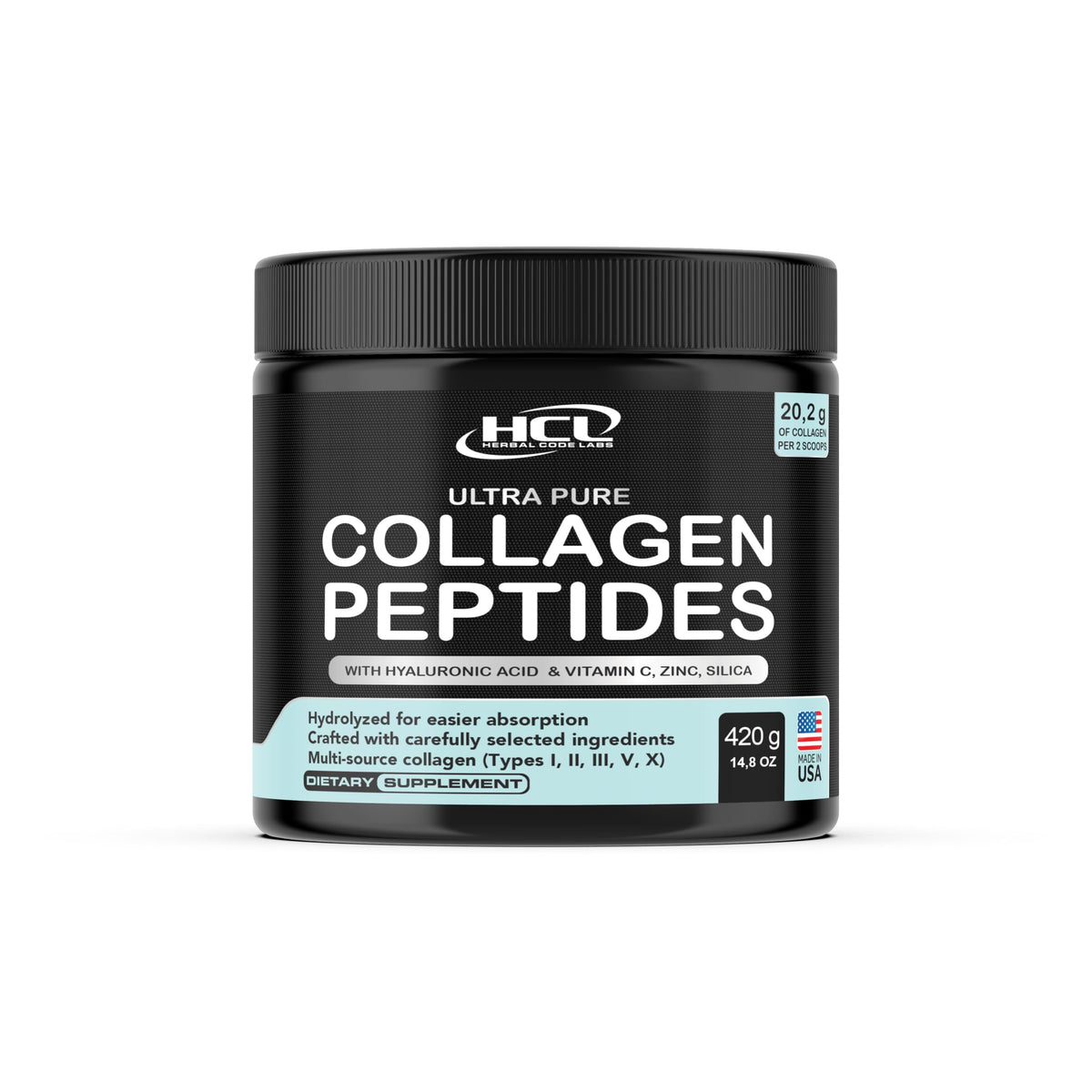 Poudre de collagène HCL HERBAL CODE LABS vue avant avec emballage