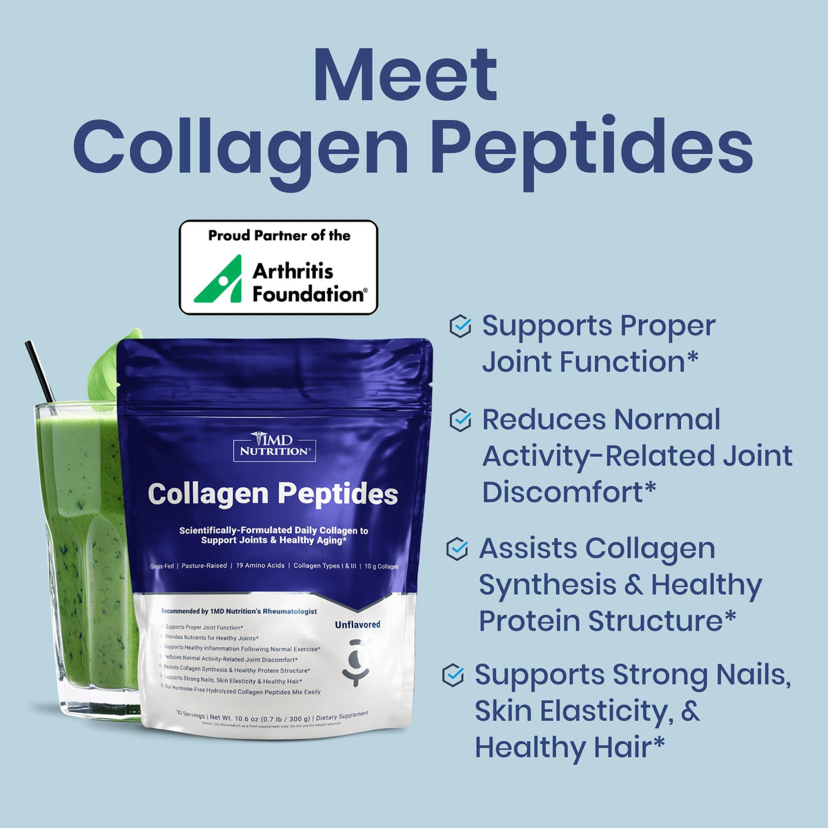 Poudre de Collagène Hydrolysé 1MD Nutrition 331g avec cuillère