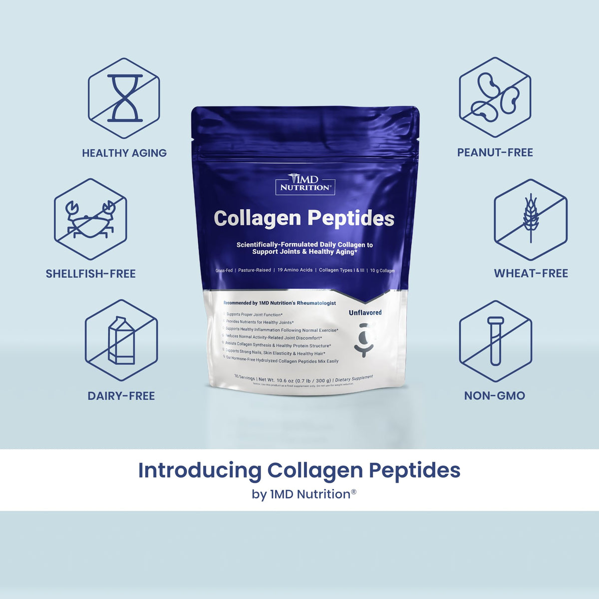 Poudre de Collagène Hydrolysé 1MD Nutrition dans un bol