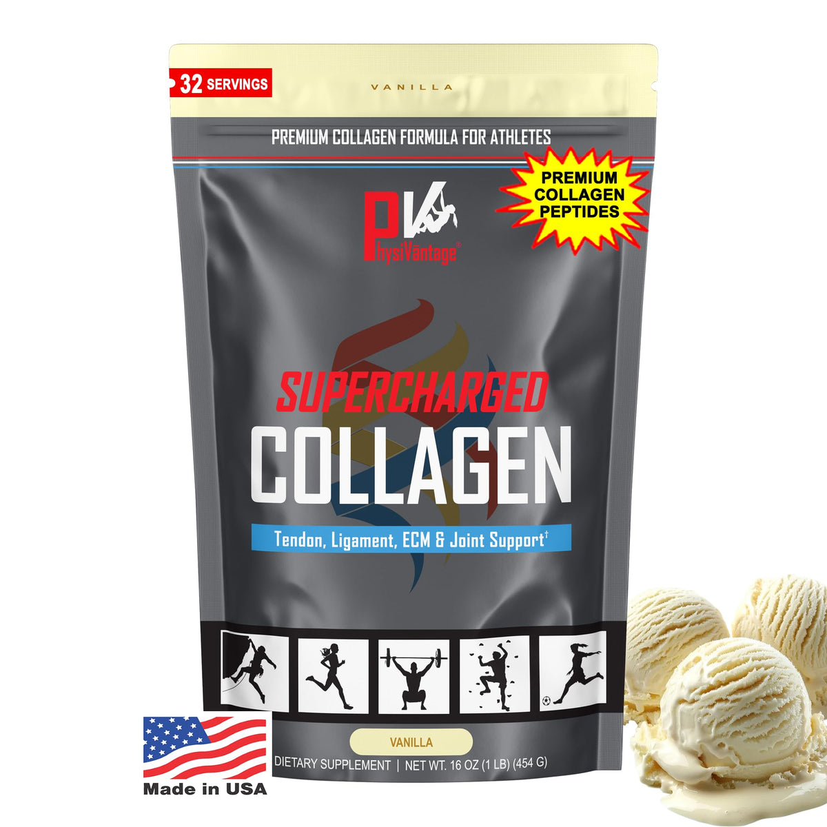 Poudre de collagène hydrolysé PhysiVantage 481g saveur vanille vue avant