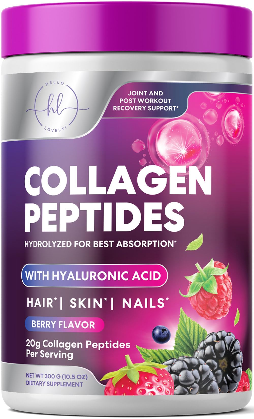 Poudre de collagène hydrolysée Hello Lovely! 20g saveur baie vue de face