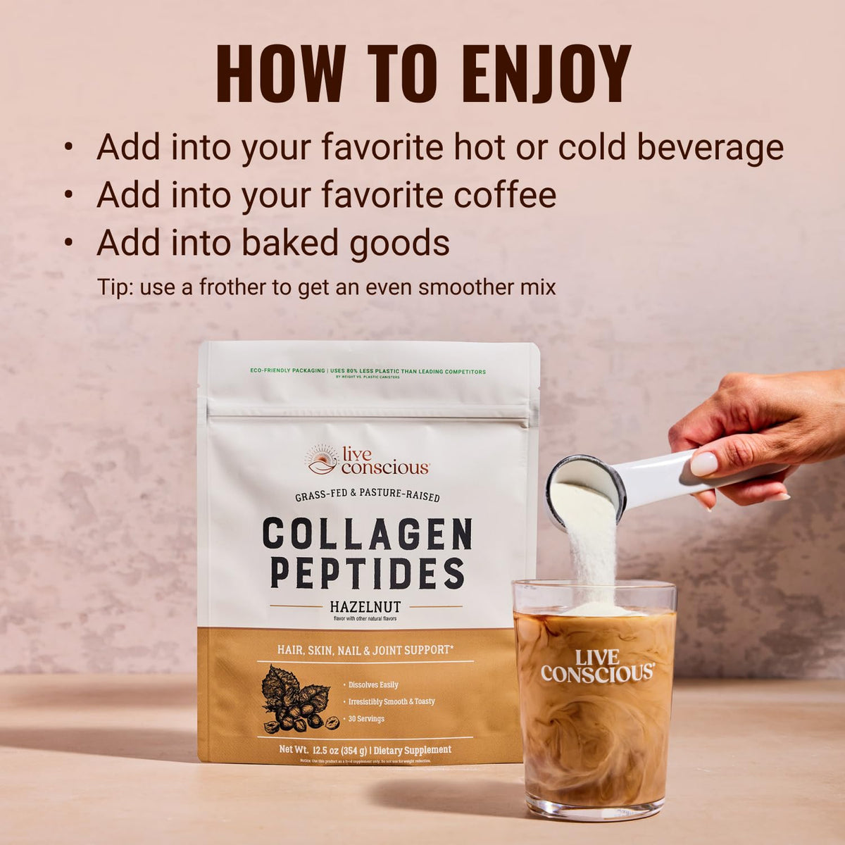 Poudre de collagène Live Conscious 372g vue arrière avec informations nutritionnelles