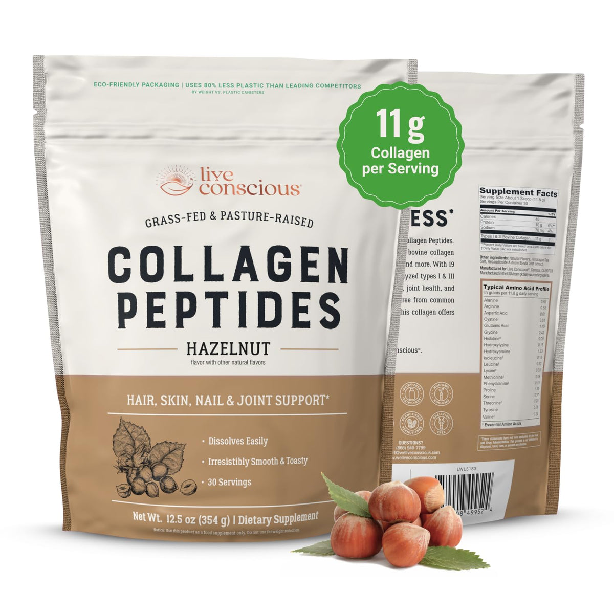 Poudre de collagène Live Conscious 372g vue avant avec étiquette noisette