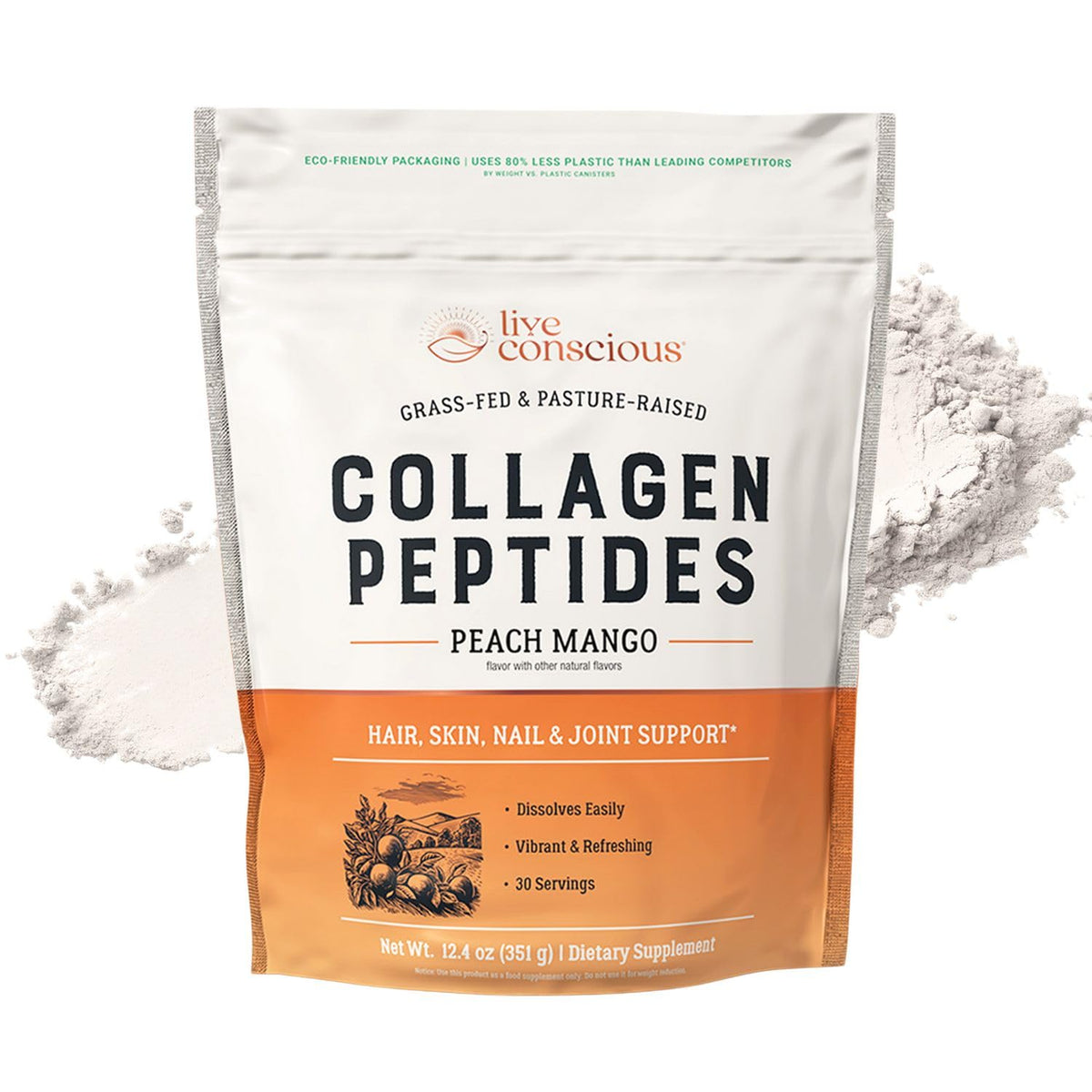 Poudre de collagène Live Conscious 435g saveur pêche mangue vue de face