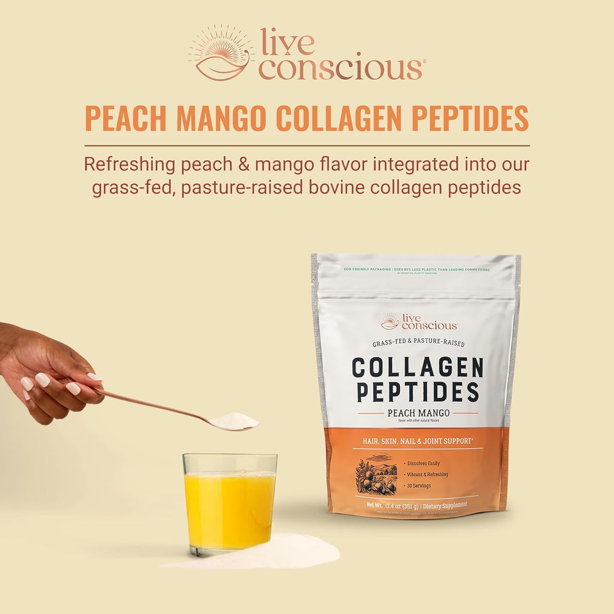 Poudre de collagène Live Conscious dans un verre avec eau