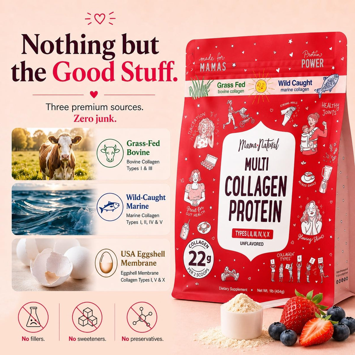 Poudre de collagène Mama Natural dans un bol avec une cuillère