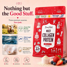 Poudre de collagène Mama Natural dans un verre avec une cuillère