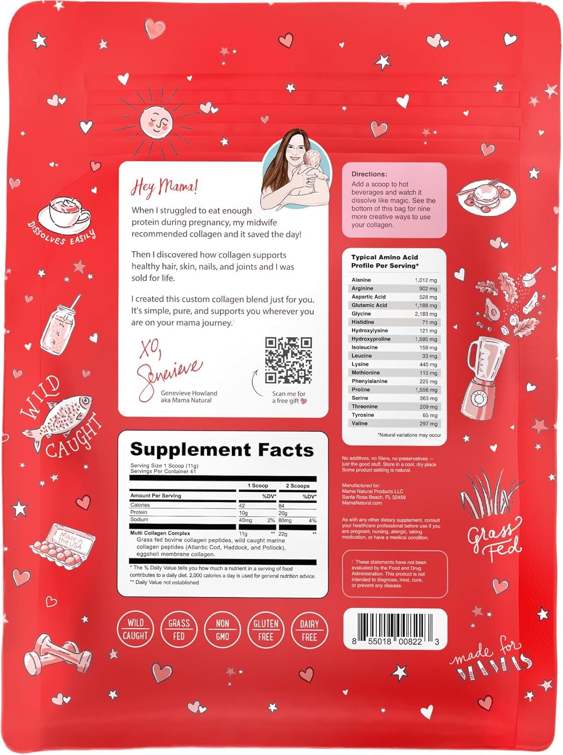 Poudre de collagène Mama Natural présentée avec d'autres compléments