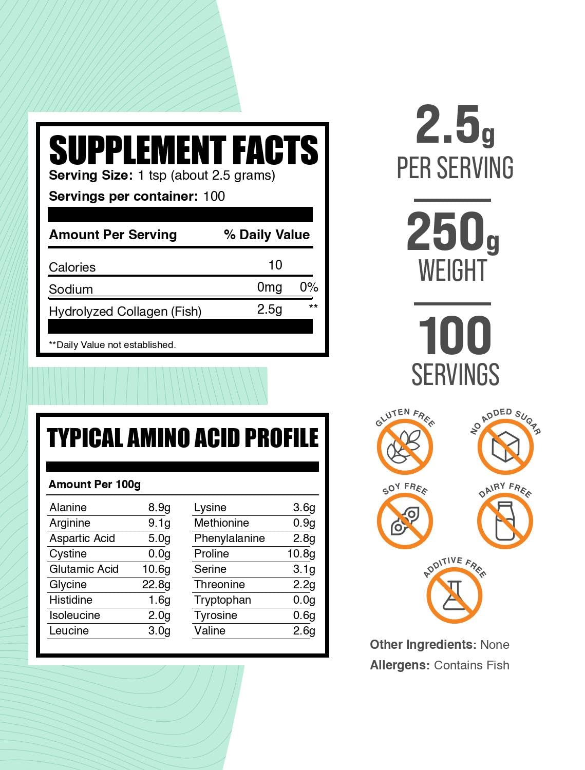 Poudre de collagène marin BulkSupplements 250g avec cuillère de dosage