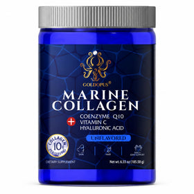 Poudre de collagène marin GOLDOPUS en pot de 340g avec étiquette détaillée
