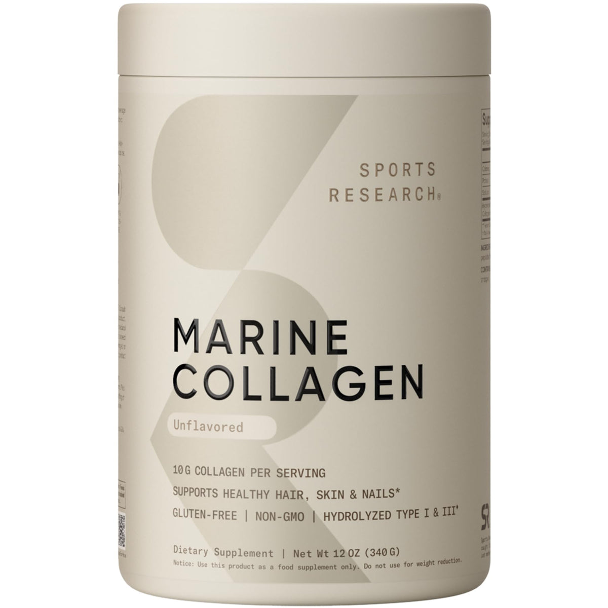 Poudre de collagène marin sauvage Sports Research 460g vue de face
