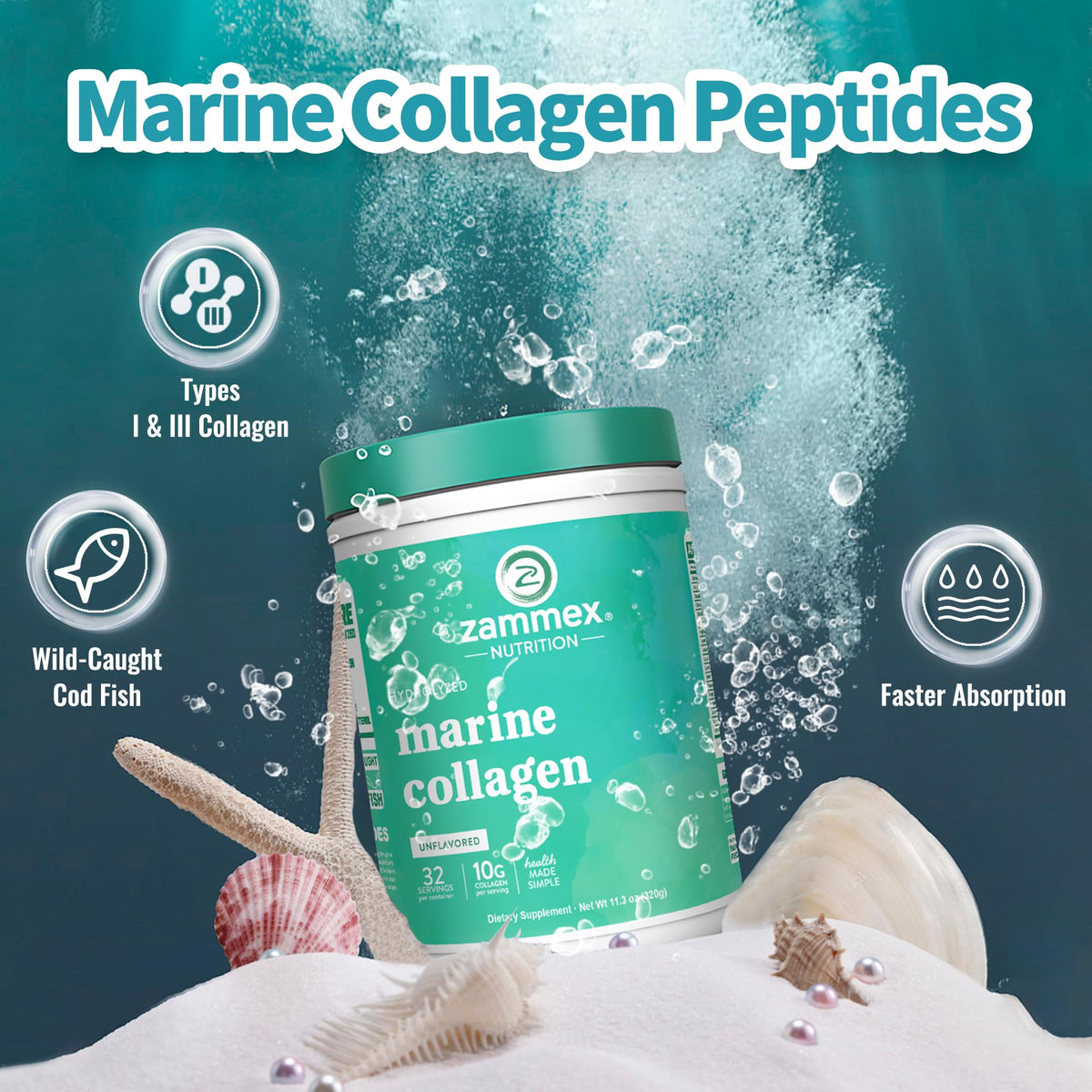 Poudre de collagène marin Zammex à côté de produits de beauté