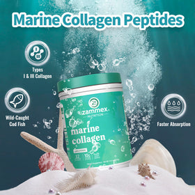 Poudre de collagène marin Zammex à côté de produits de beauté
