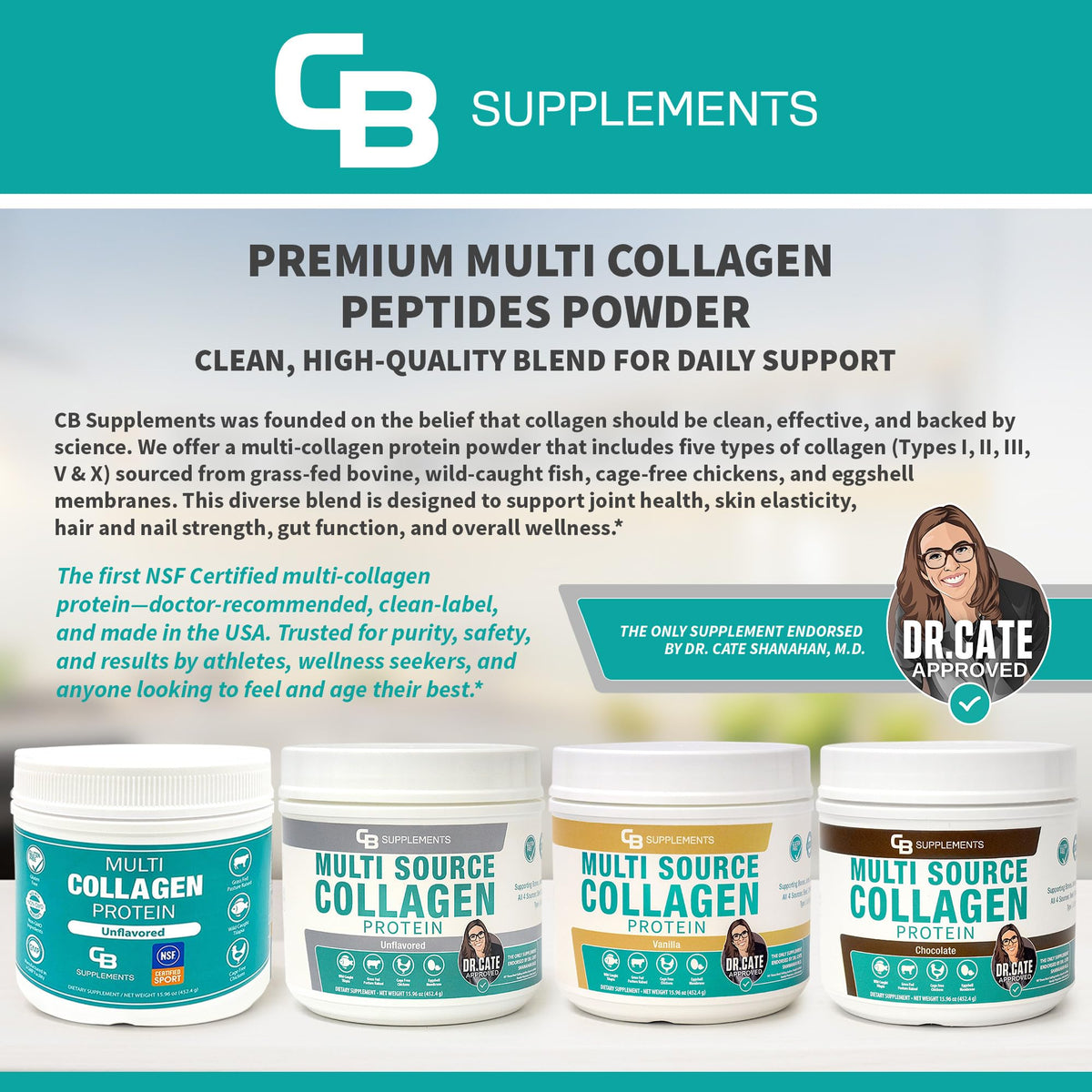 Poudre de collagène multi CB Supplements dans un environnement de cuisine
