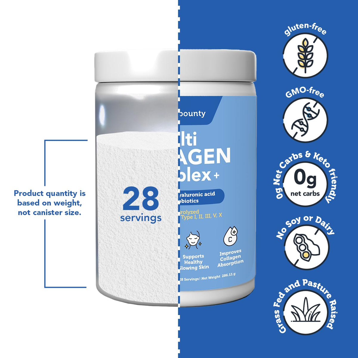 Poudre de collagène multi collagène Vitamin Bounty avec ingrédients naturels en arrière-plan