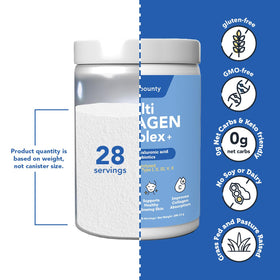 Poudre de collagène multi collagène Vitamin Bounty avec ingrédients naturels en arrière-plan