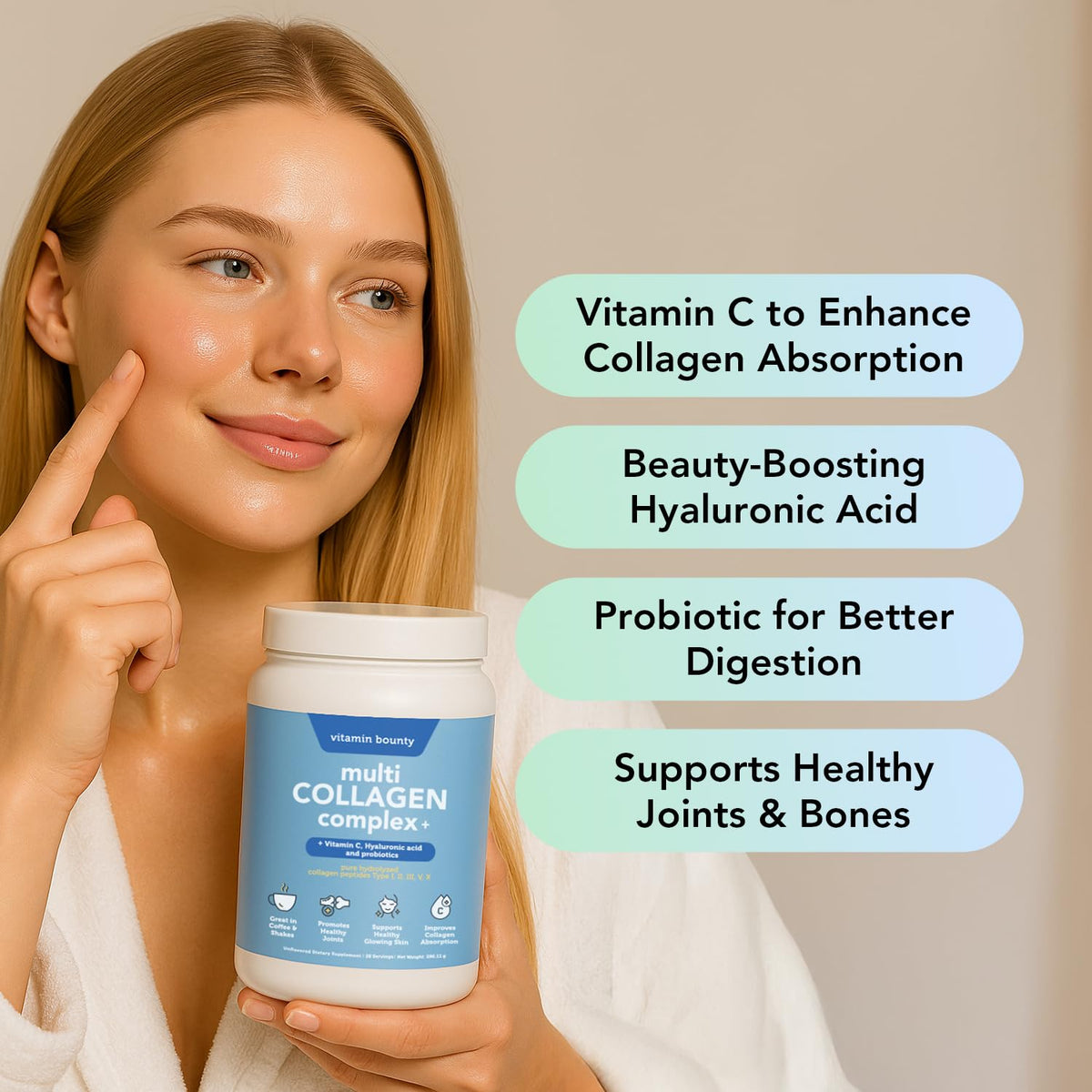 Poudre de collagène multi collagène Vitamin Bounty versée dans une cuillère