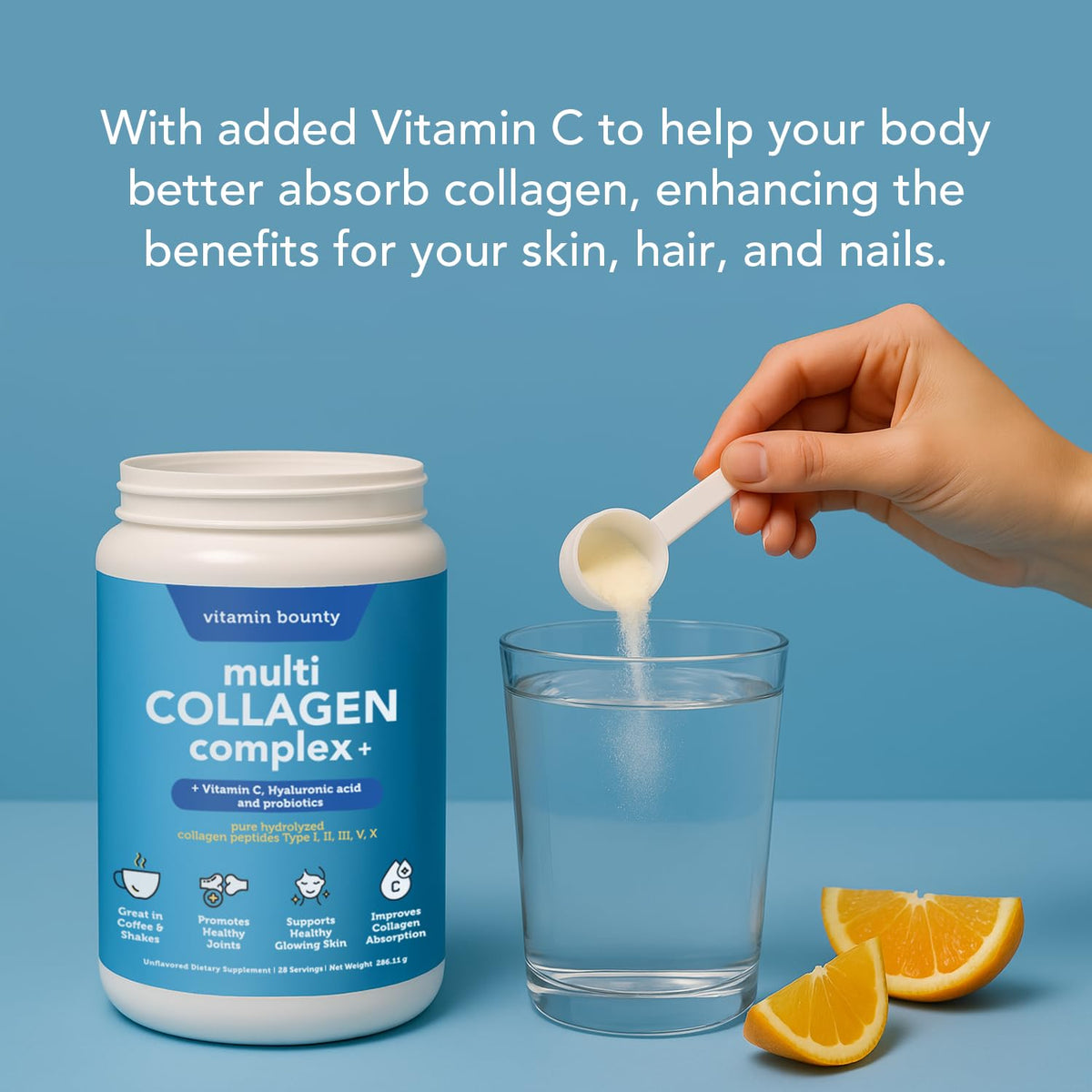 Poudre de collagène multi collagène Vitamin Bounty vue de côté dans son emballage