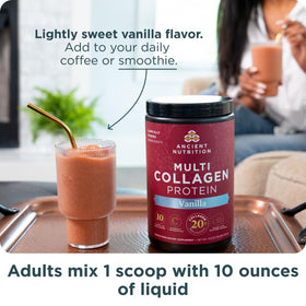 Poudre de collagène multi hydrolysé Ancient Nutrition dans un verre