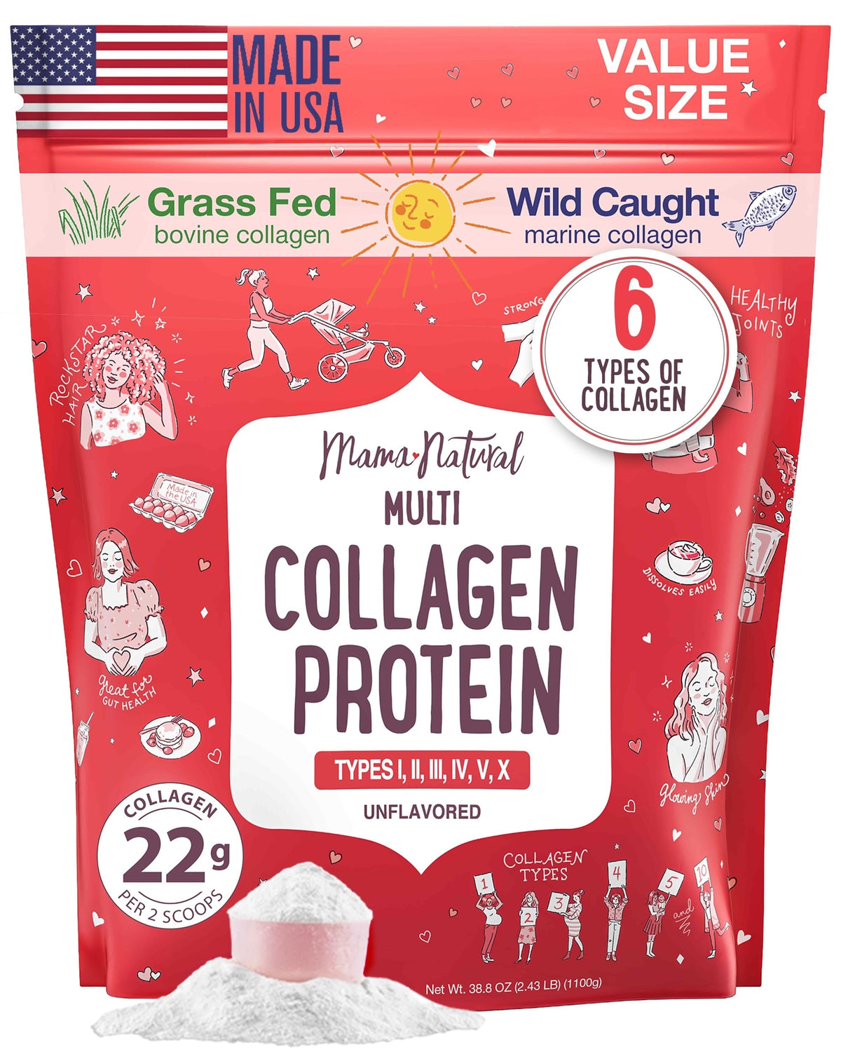 Poudre de collagène multi Mama Natural 100 servings vue de face