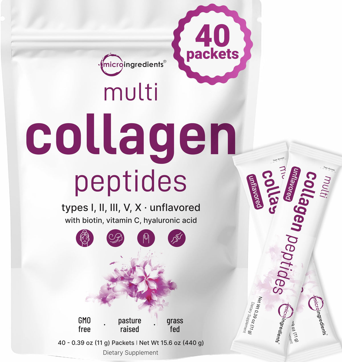 Poudre de collagène multi peptides Micro Ingredients vue de face avec emballage