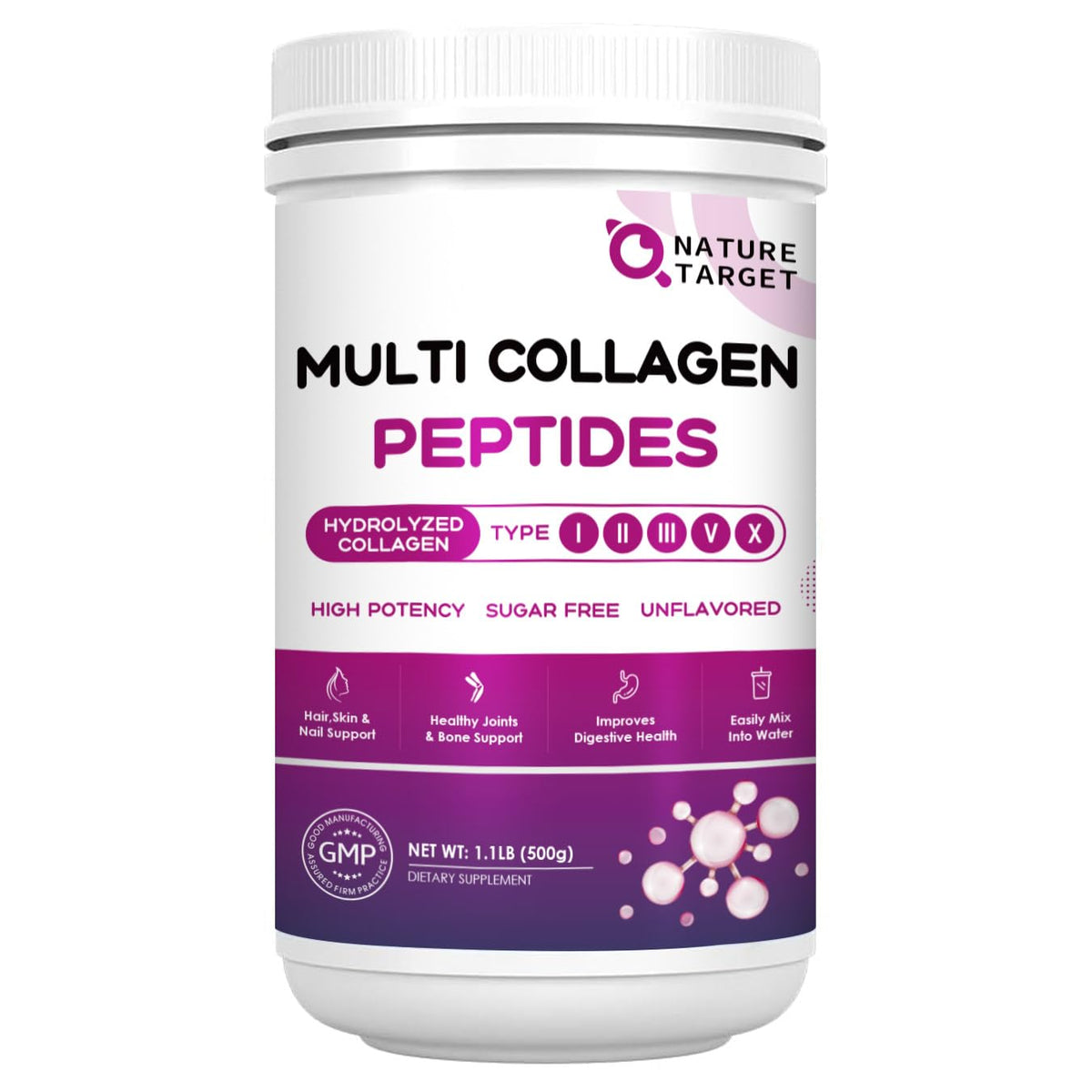 Poudre de collagène Multi Peptides NATURE TARGET 490g vue avant