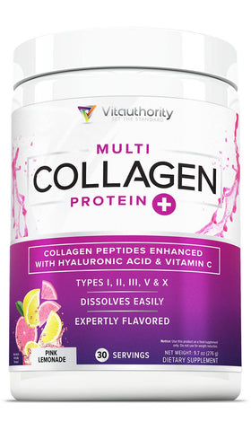 Poudre de collagène multi peptides Vitauthority 372g saveur citron rose vue de face