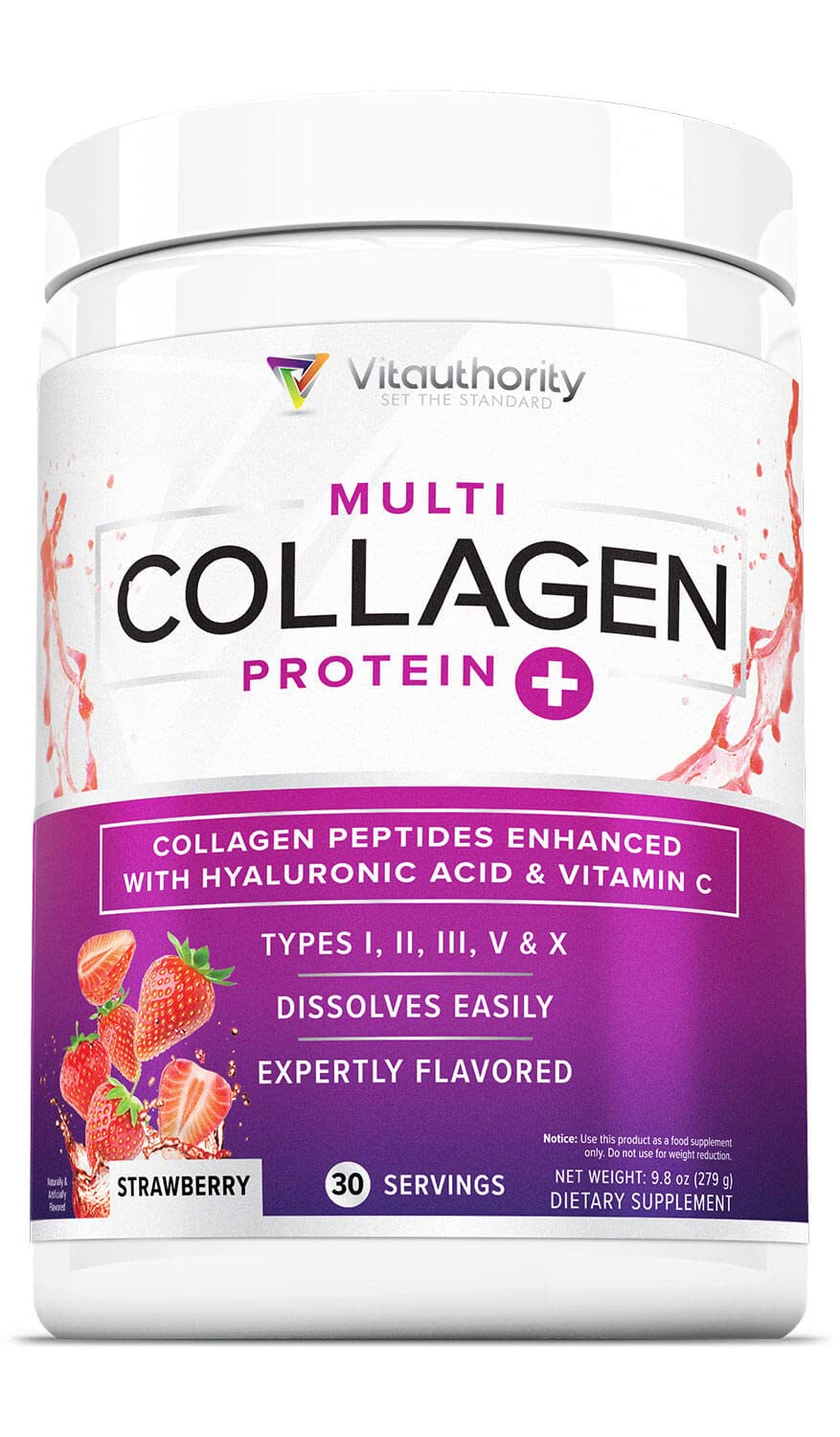 Poudre de collagène multi Vitauthority 372g saveur fraise vue avant
