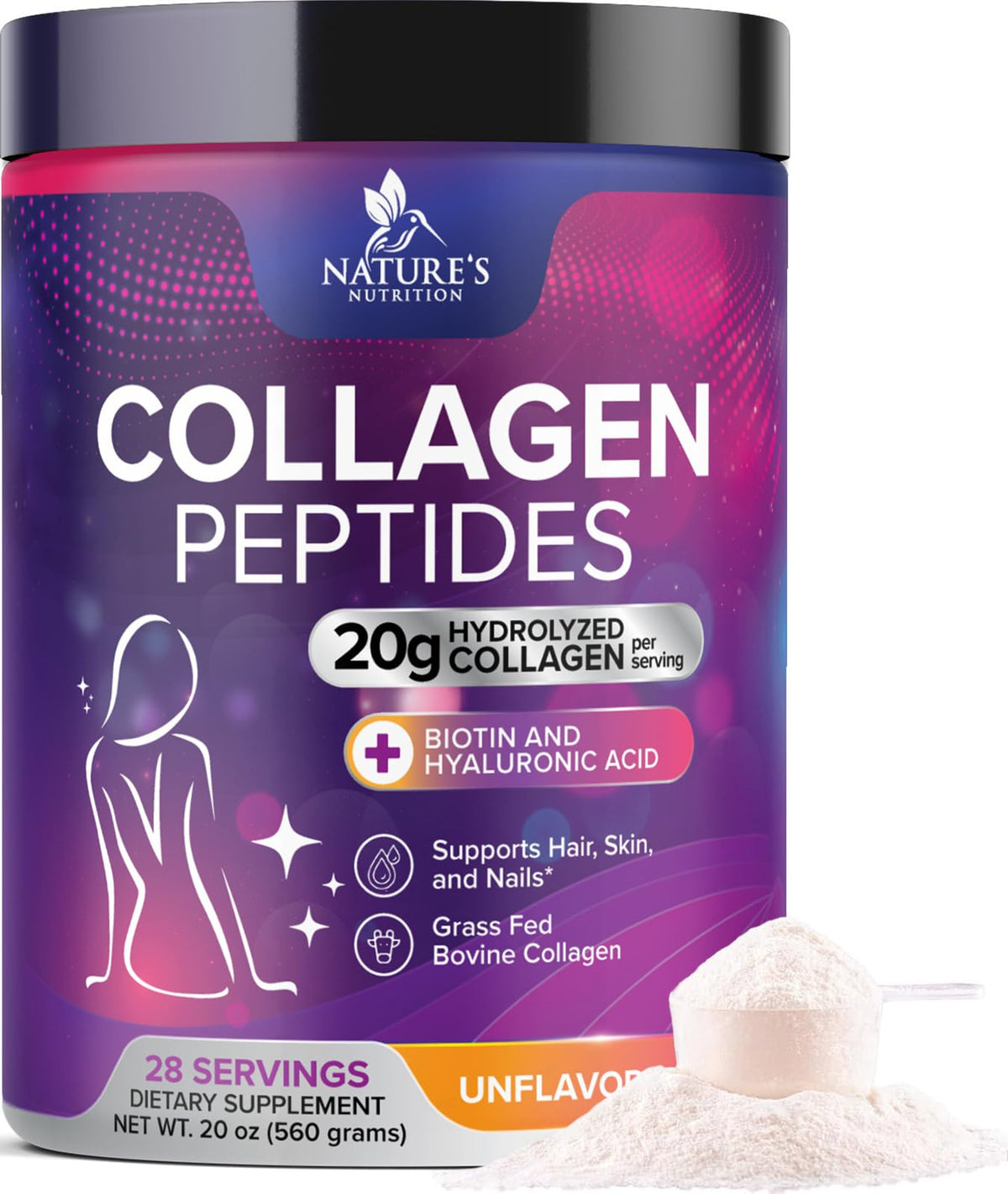 Poudre de Collagène Nature's Nutrition 20g Hydrolysé Bovin vue de face