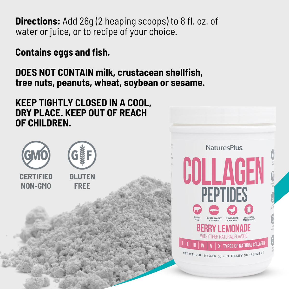 Poudre de collagène NaturesPlus avec fruits frais en arrière-plan