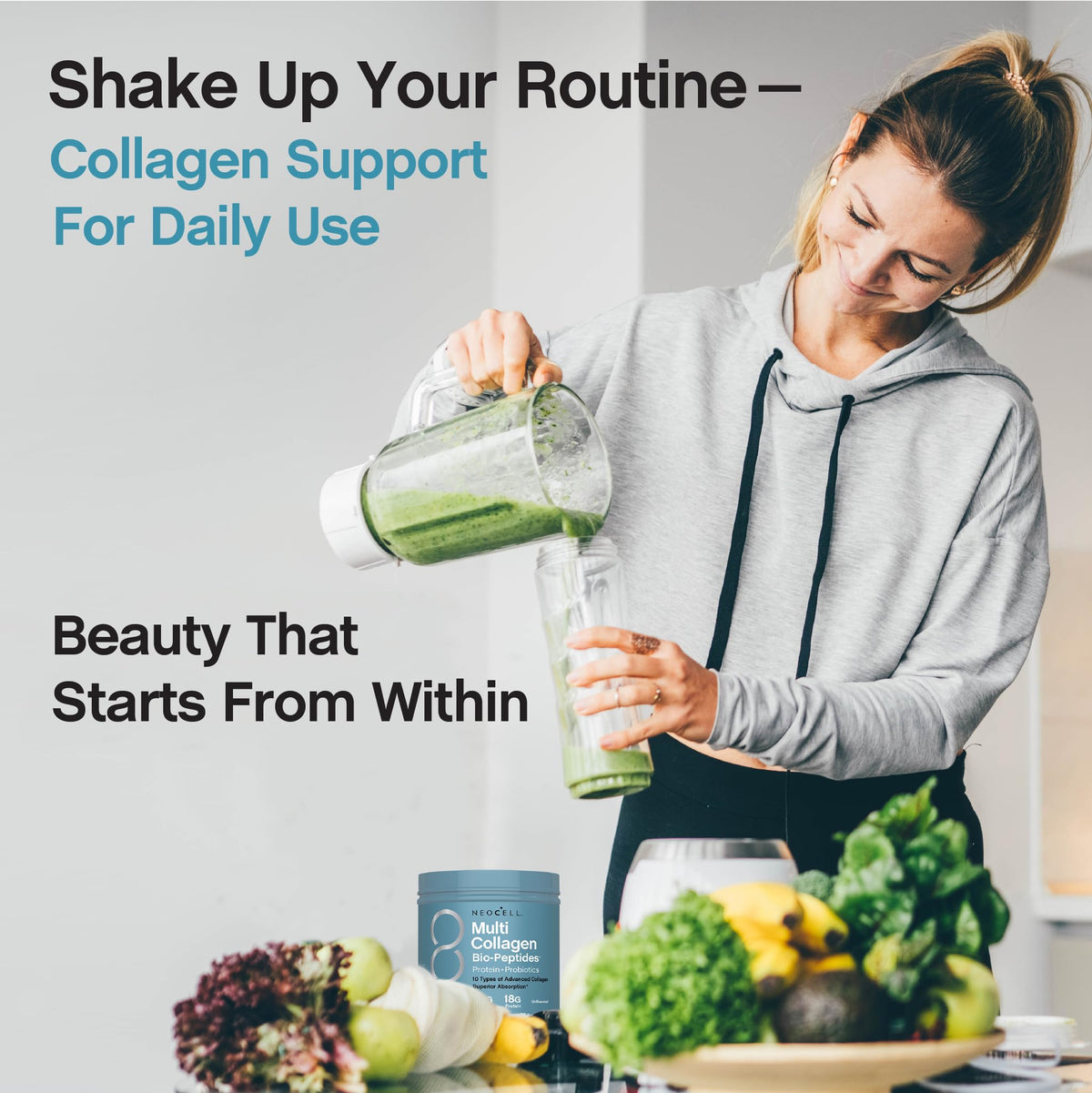 Poudre de collagène NeoCell mélangée dans un smoothie