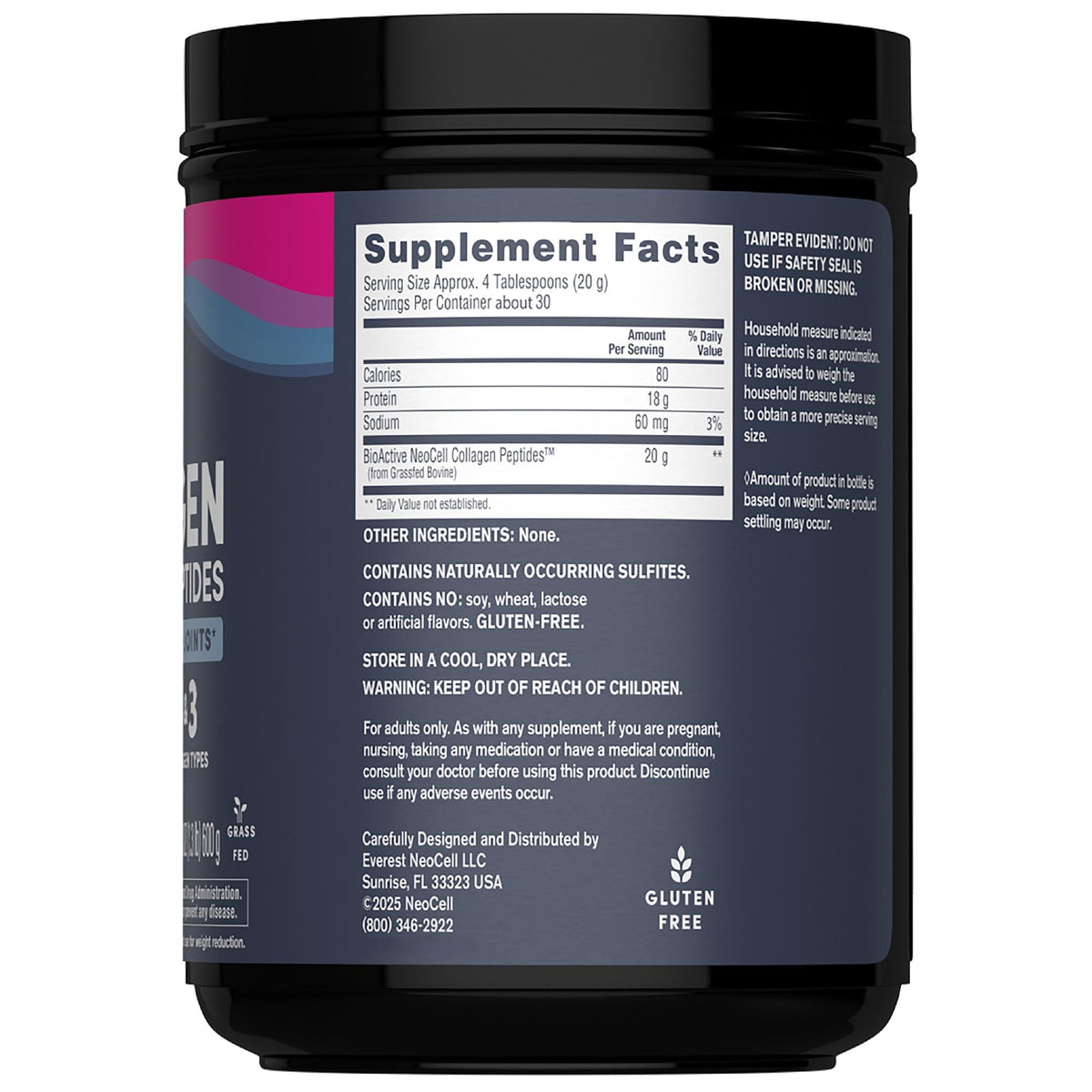 Poudre de collagène NeoCell Super Peptides 739g dans son emballage