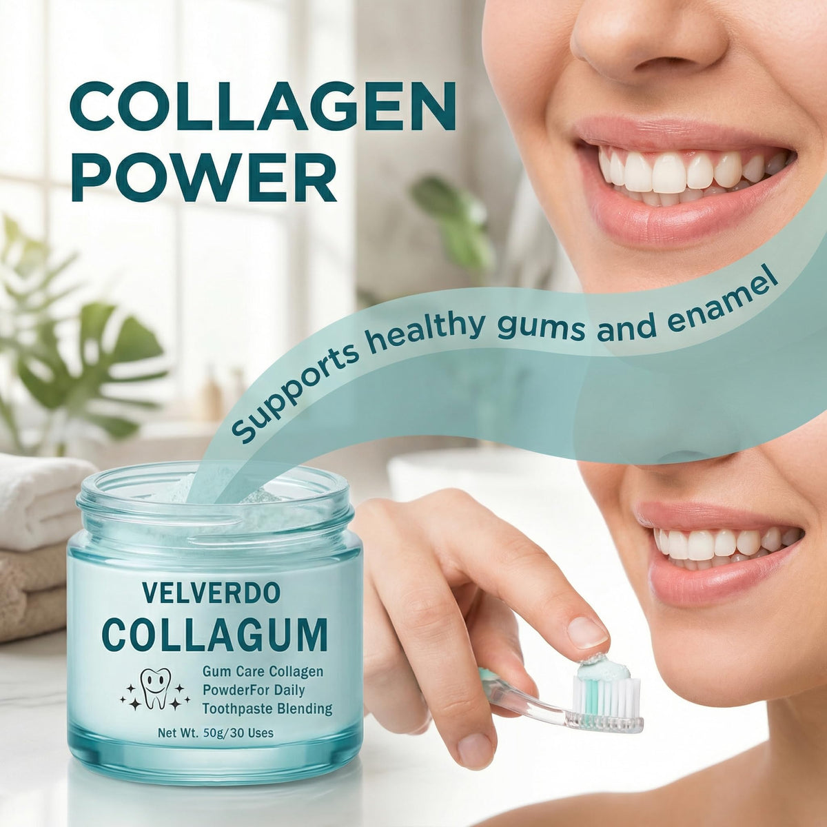 Poudre de collagène Nukupuns 259g sur une brosse à dents humide