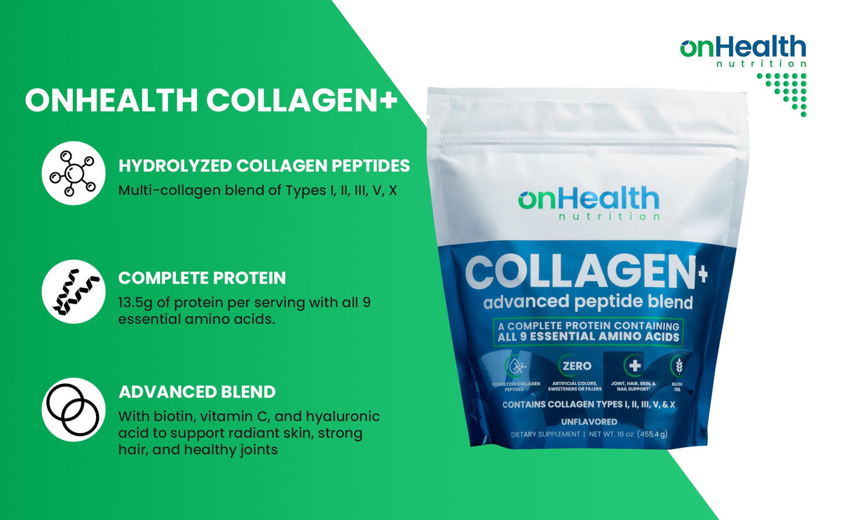 Poudre de collagène onHealth Nutrition en sachet ouvert