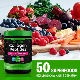 Poudre de collagène Orgain avec des superaliments visibles