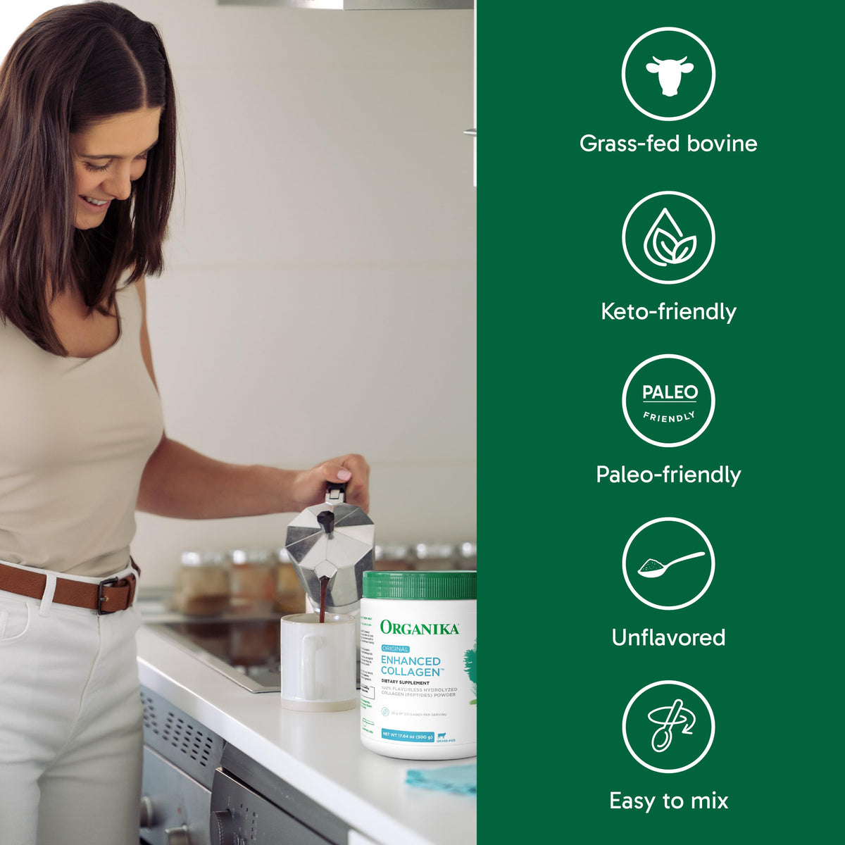Poudre de collagène Organika ajoutée à un smoothie