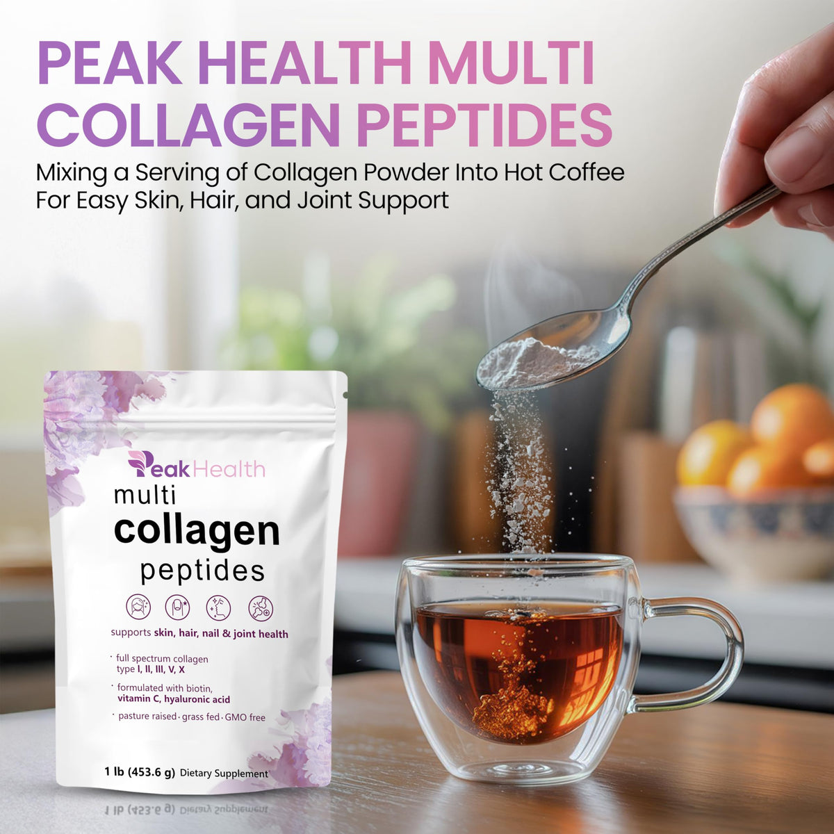 Poudre de collagène Peakhealth dans un verre d'eau