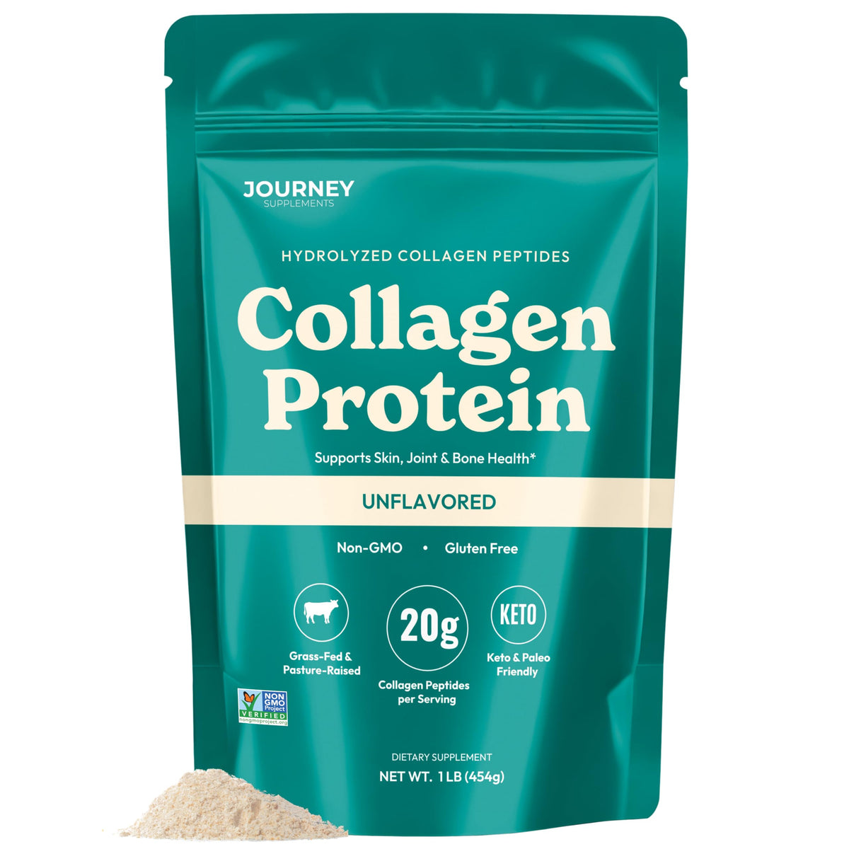 Poudre de collagène peptides Journey Supplements 472g vue de face