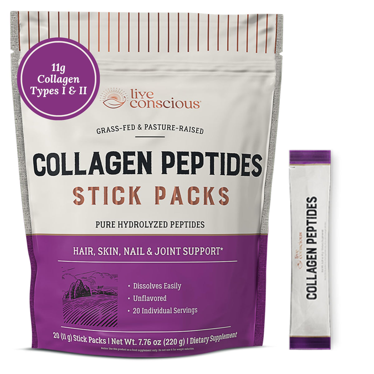 Poudre de collagène peptides Live Conscious sachets individuels