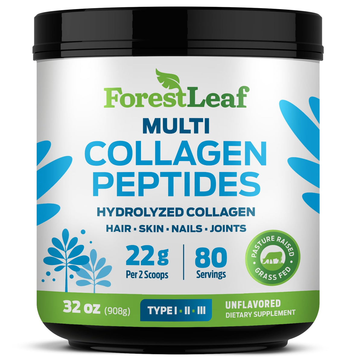 Poudre de collagène peptides non aromatisée ForestLeaf vue de face