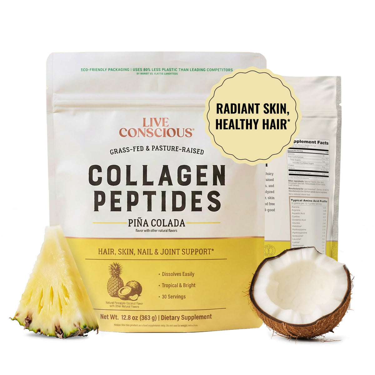 Poudre de collagène Peptides Piña Colada Live Conscious 381g avant ouverture