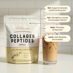 Poudre de Collagène Peptides Saveur Vanille Live Conscious dans un verre avec smoothie