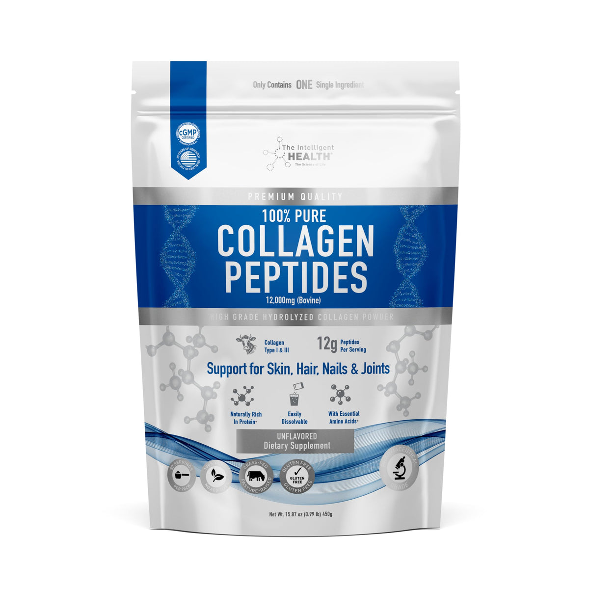 Poudre de collagène peptides The Intelligent Health vue de face