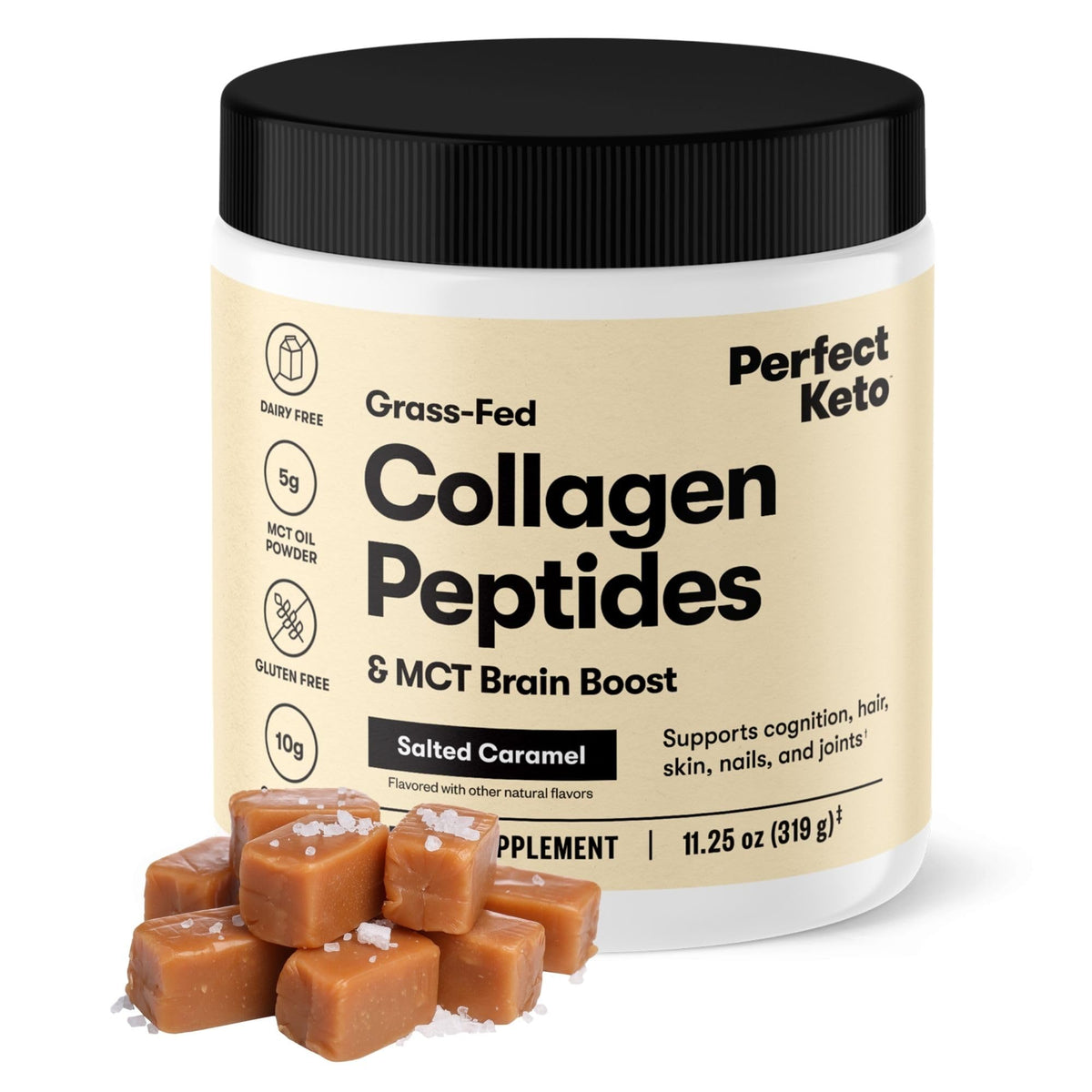 Poudre de collagène Perfect Keto caramel salé en pot vue de face